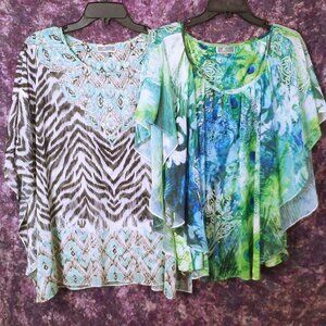 Lot (2) Blouses Tops JM Collection Lady-OX/XL Flowy Layers Sequins Bold Animal